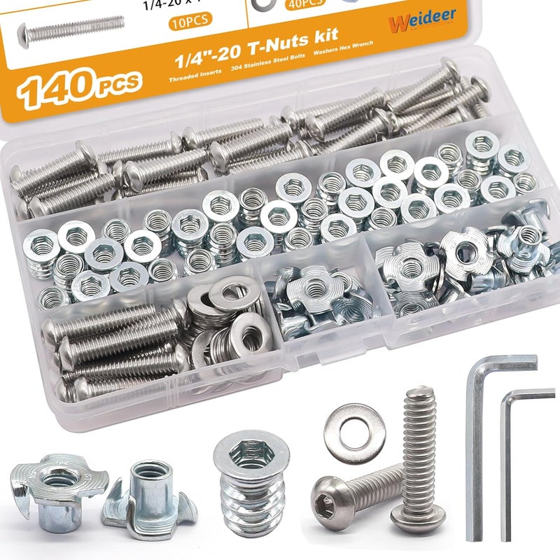 weideer 140PCS 1/4"-20 T-Nuts,1/4"-20 Threaded Inserts for Wood,304 Stainless Steel Bolts,Button Head Hex Socket Bolts with Washers Hex Wrench - Image 1